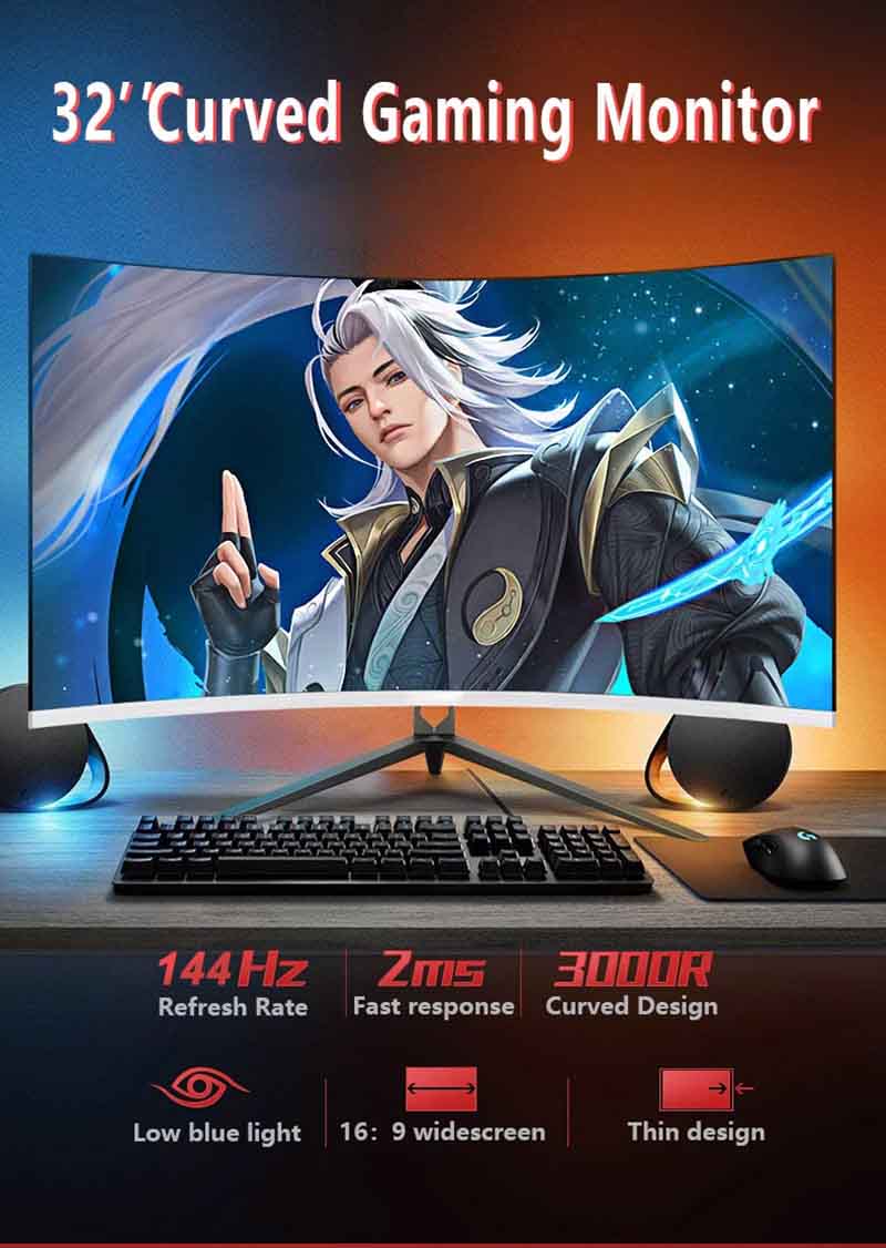 , 1800R FHD 2K Curved 32 Inch Gaming Monitor 144hz 1ms