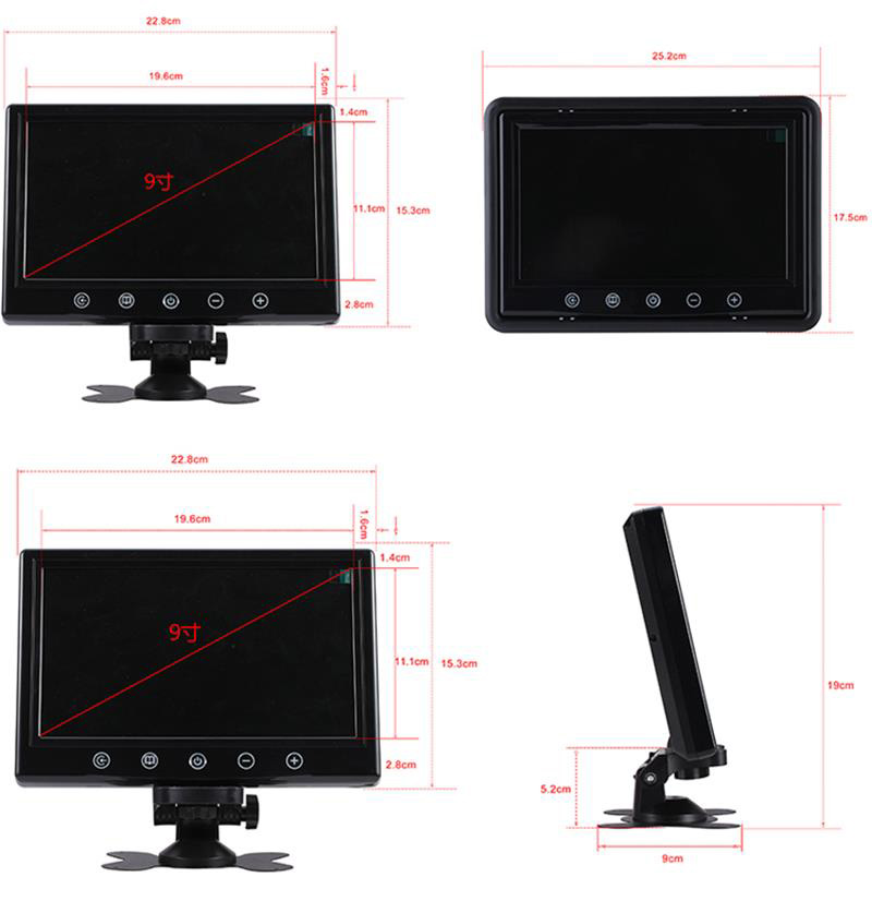 , 2/4Entradas AV 16:9 Pantalla ancha 9 Monitor CCTV de coche de pulgadas