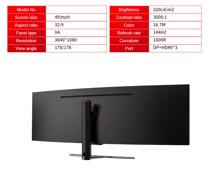 , Ultrawide 32:9 49 inch Cuved 3840&#215;1080 144Hz 1ms E-LED Gaming Monitor