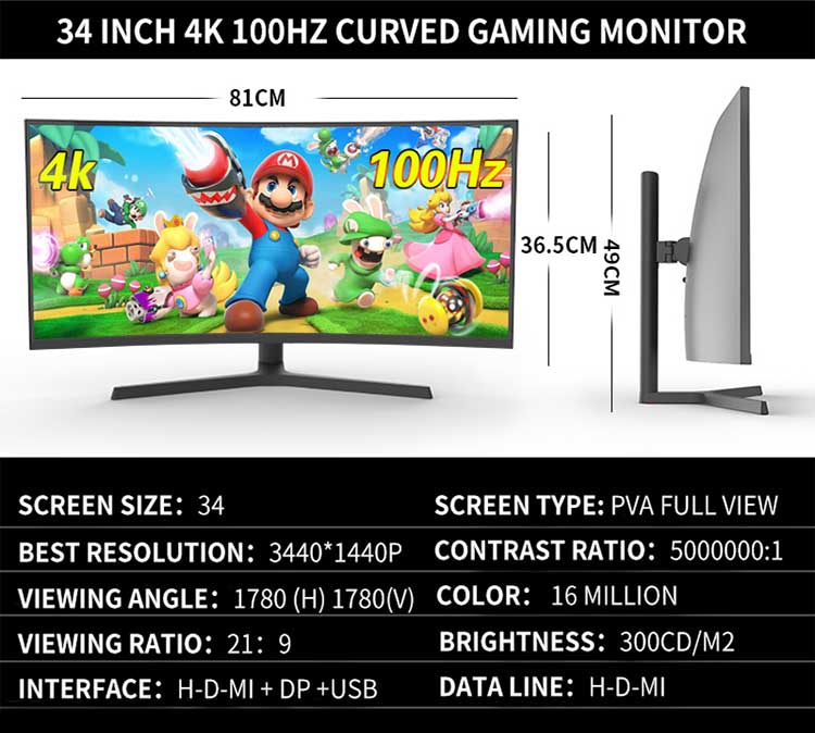 , Ultrawide 34&#8243; Curved WQHD 3440x1440p 100Hz LED Gaming Monitor 1ms